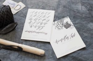 collaterals with organic custom illustration and modern calligraphy alphabet